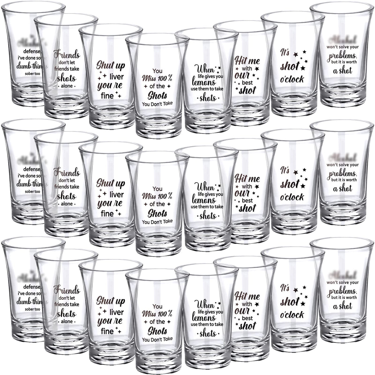 Skyley 24-pcs funny shot glasses assembly with varied quotes for lively parties