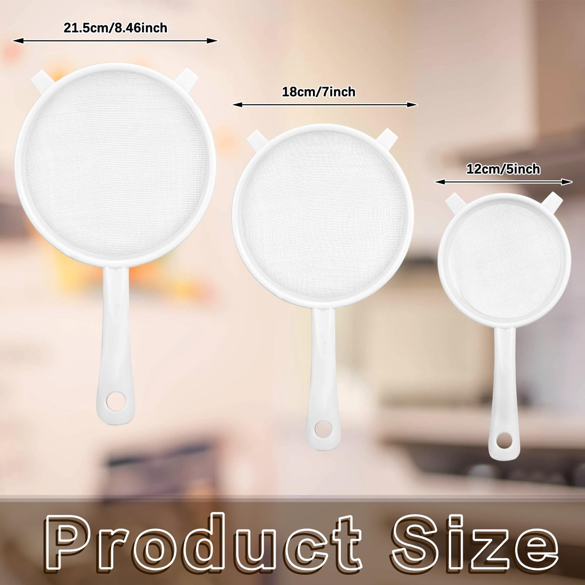 Skyley 7-inch strainer close-up shows fine mesh for thorough draining.
