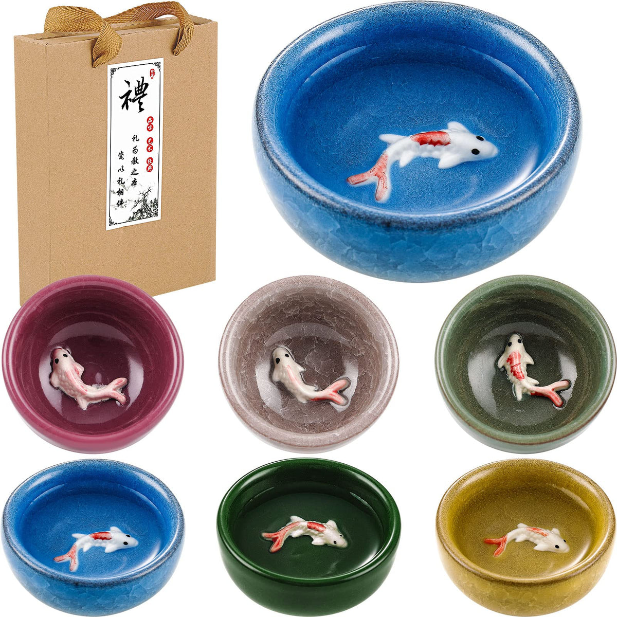 Skyley koi fish pattern tea cups, bottom view, decorative good luck design