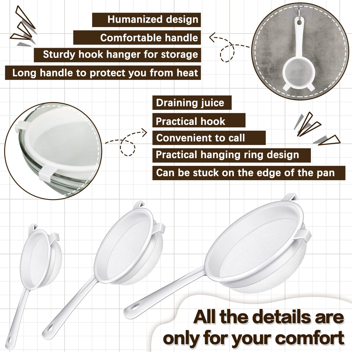 Skyley double-ear design strainer provides stable support on bowls.