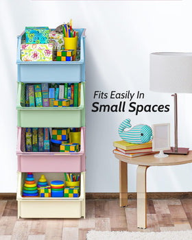 Skywin TidyFriend playroom bin promotes independent cleanup with visible items.