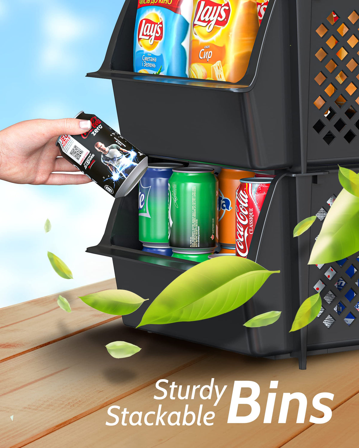 Skywin TidyFriend bins organize snacks and cans efficiently