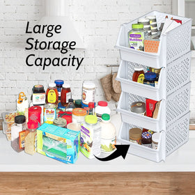 Skywin TidyFriend stackable bin on shelf keeps snacks organized and reachable.
