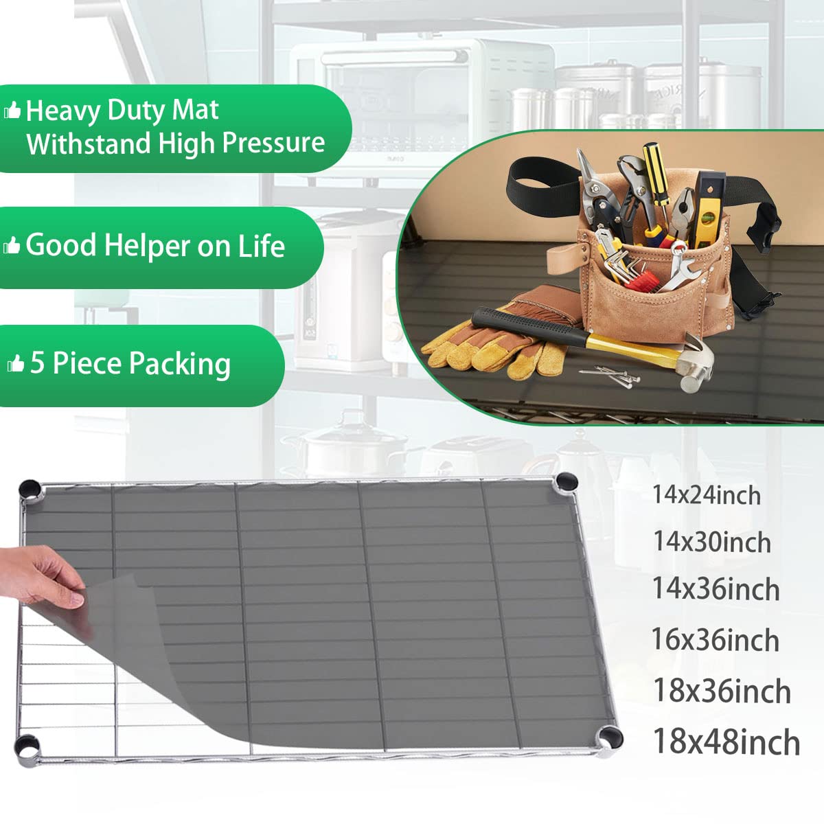 Slendor-installed shelf liner on wire shelf demonstrates flat surface for items