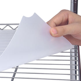 Slendor wire shelf liner, clear 14x30 sheet protecting shelves from spills.