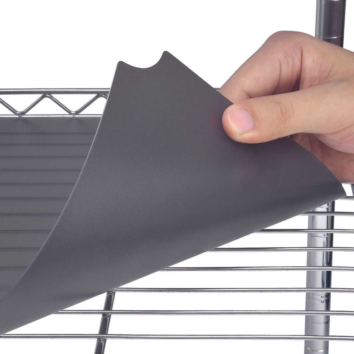 Slendor wire shelf liner 18x48 in gray provides a flat surface for stable items.