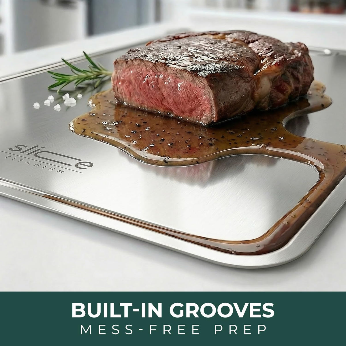 Slice Kitchenware titanium cutting board 15x11 shows generous prep space.