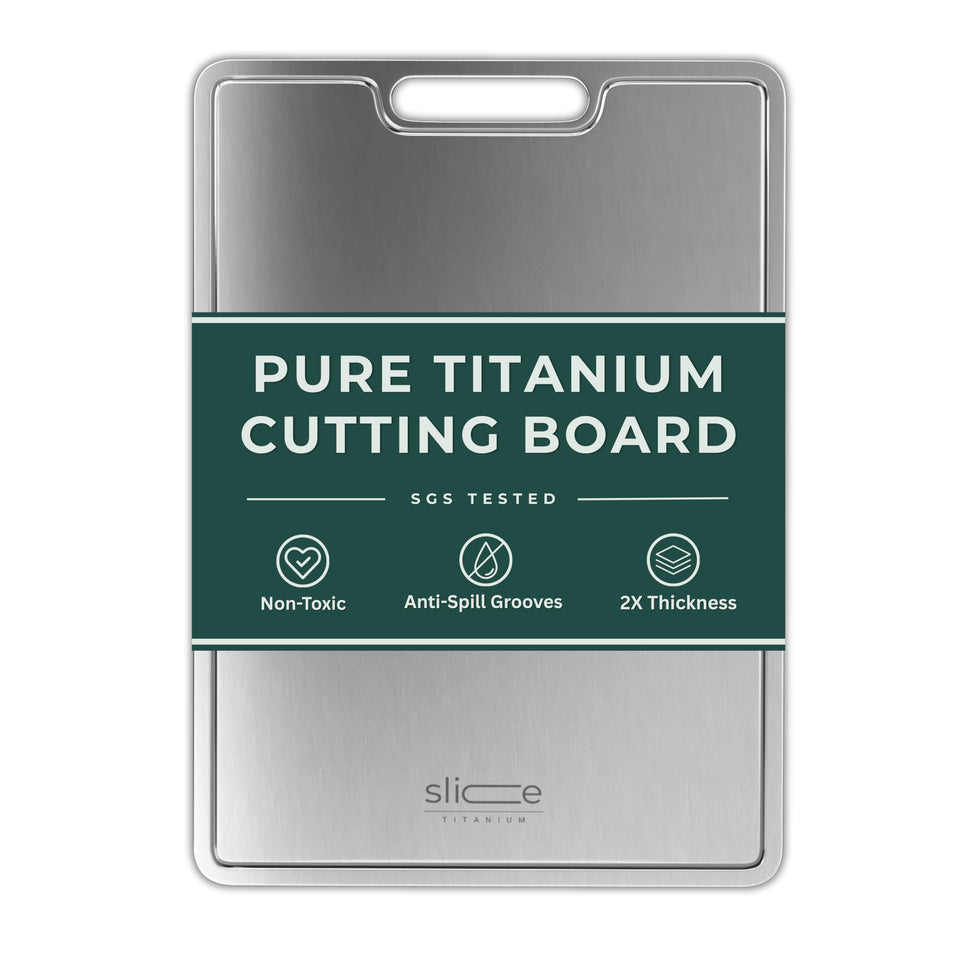 Slice Kitchenware titanium cutting board front view showcases a sturdy, rust-resistant surface.