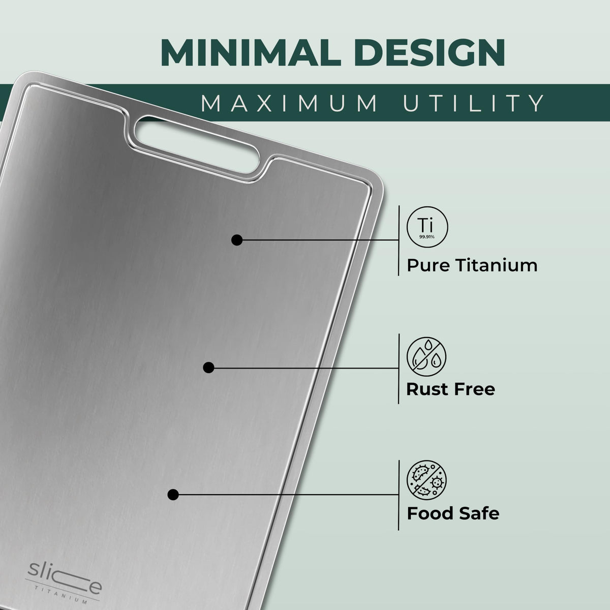 Slice Kitchenware titanium cutting board top view emphasizes spacious 15x11 inch work surface.