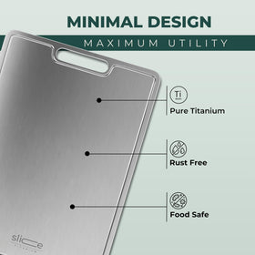 Slice Kitchenware titanium cutting board top view emphasizes spacious 15x11 inch work surface.