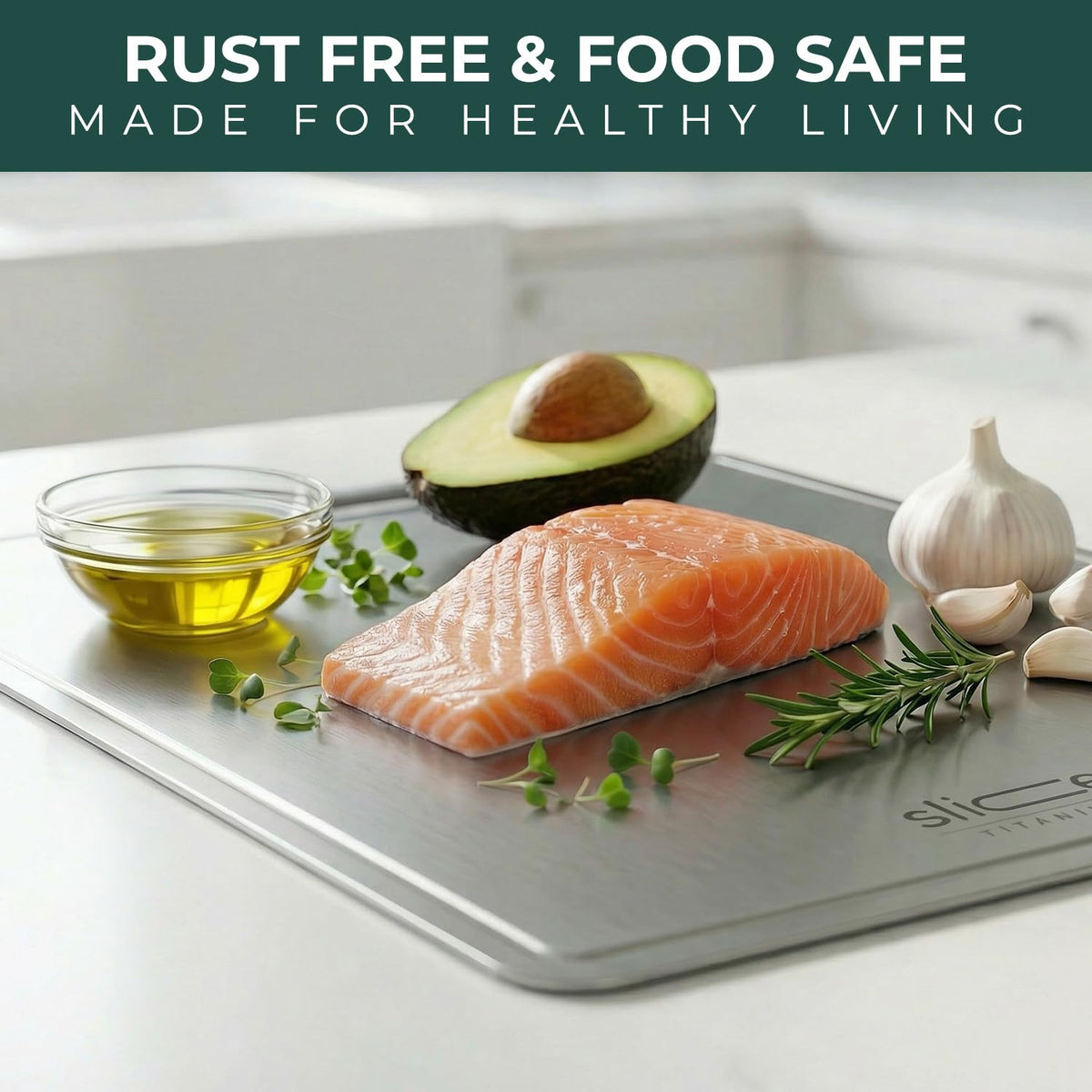 Slice Kitchenware titanium cutting board vegetable use shows easy clean-up after chopping.