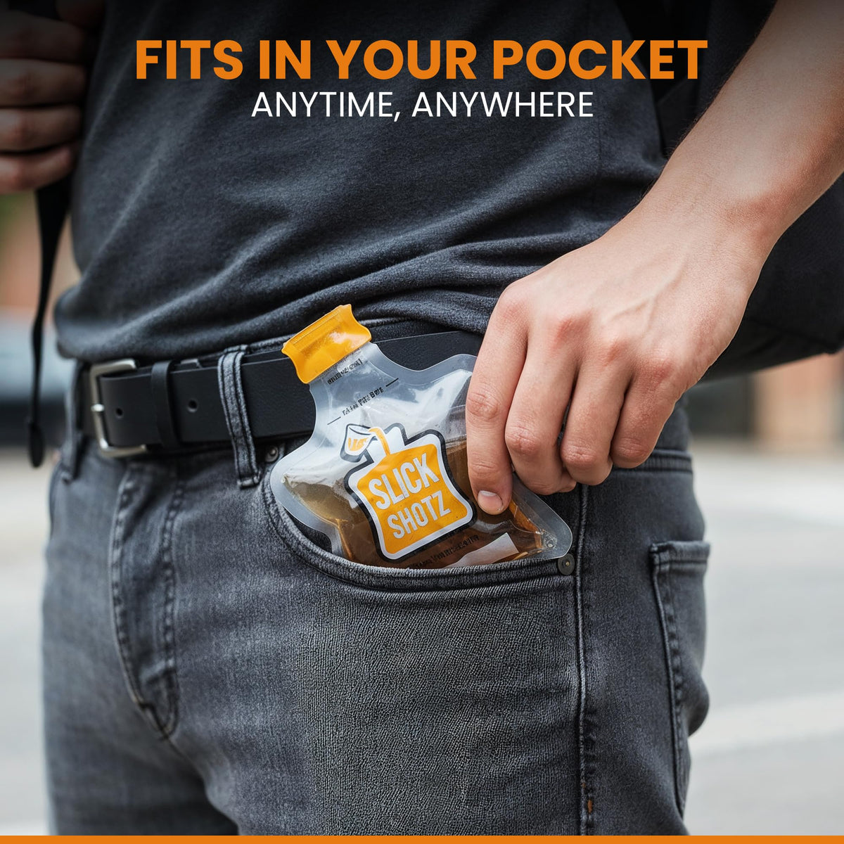 Slick Shotz eco-friendly refillable pouch beside travel essentials, ready for adventures.