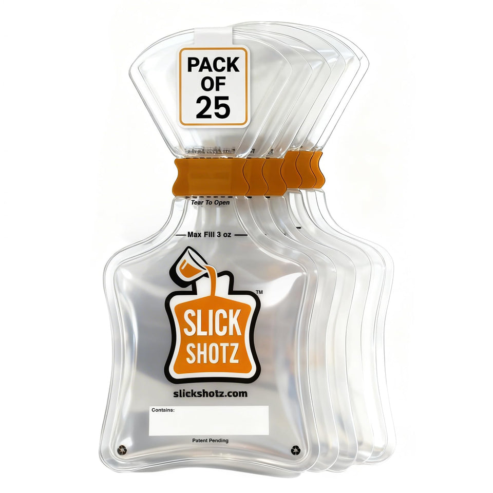 Slick Shotz 3oz heat-sealed liquor flask on an airplane tray, leak-proof travel companion.
