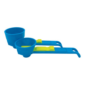 Slide Scoop in hand showing scoop-and-funnel for spill-free mixing