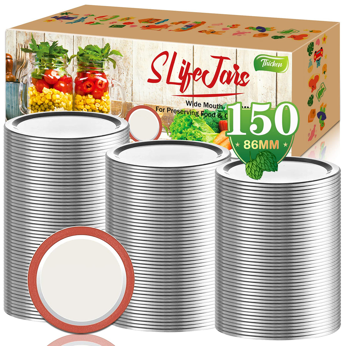 SLifeJars wide-mouth 86mm silver lids pack for durable canning and long-term storage.