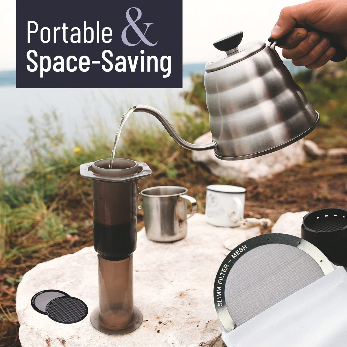 Slimm Filter mesh detail highlights fine filtration for smoother espresso streams.