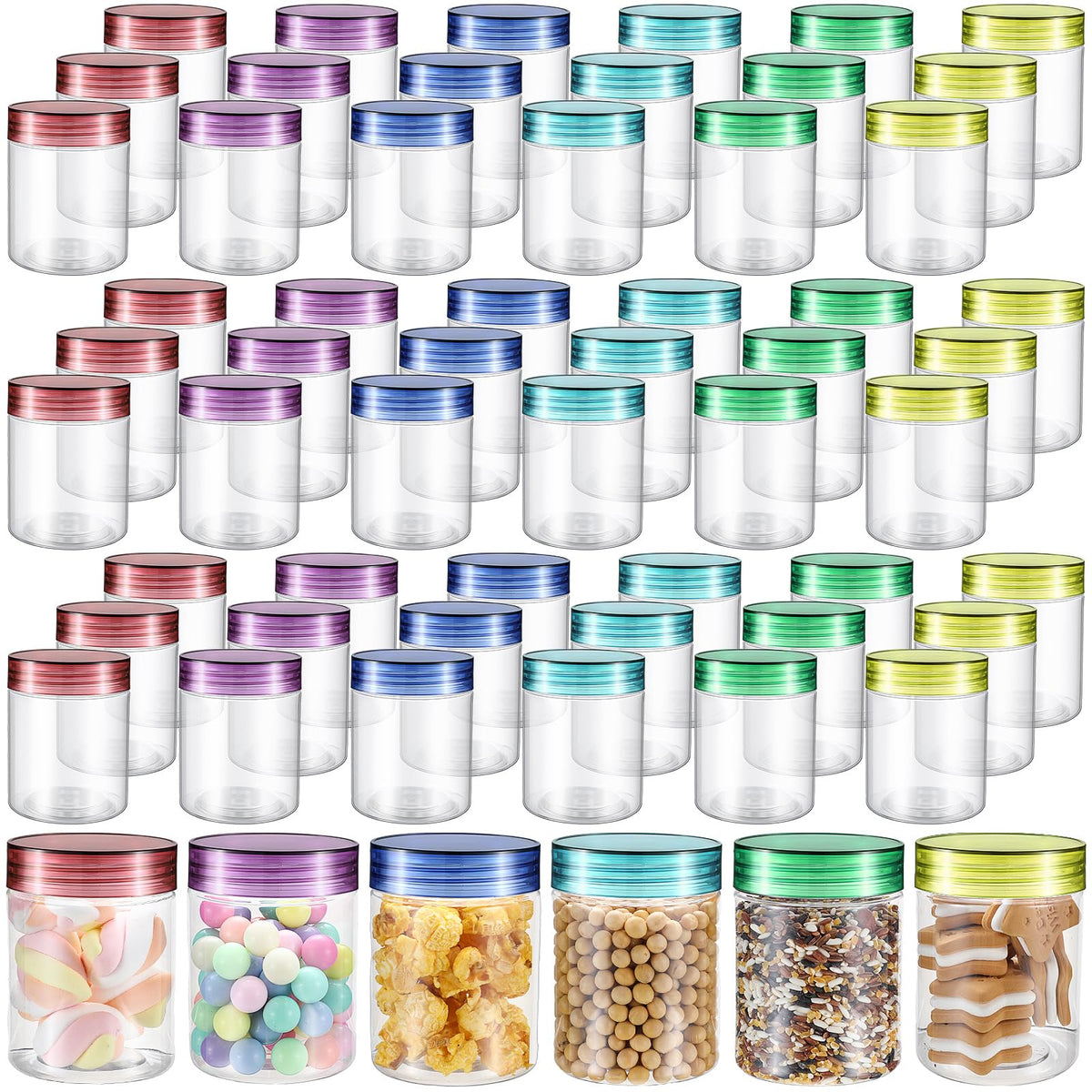 Sliner 60pcs clear jars with colorful lids for organized storage.