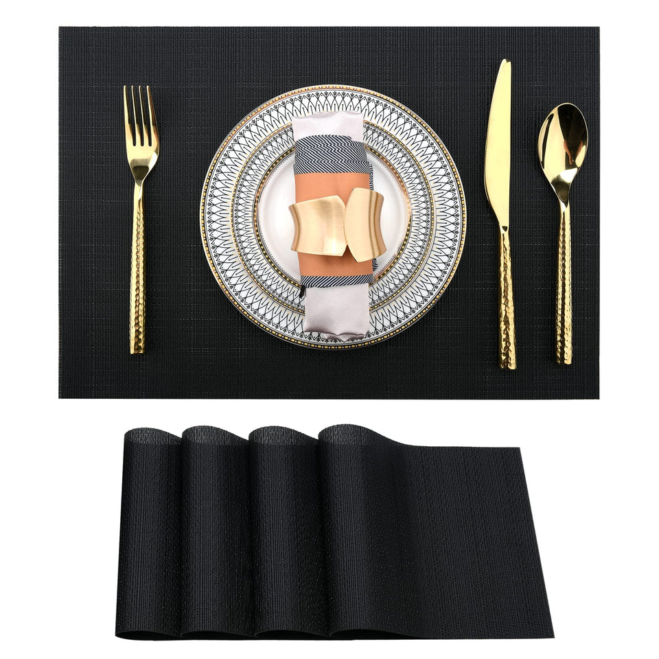 SLKQG black placemats set of 4, flat lay display, easy to wipe clean and water resistant.