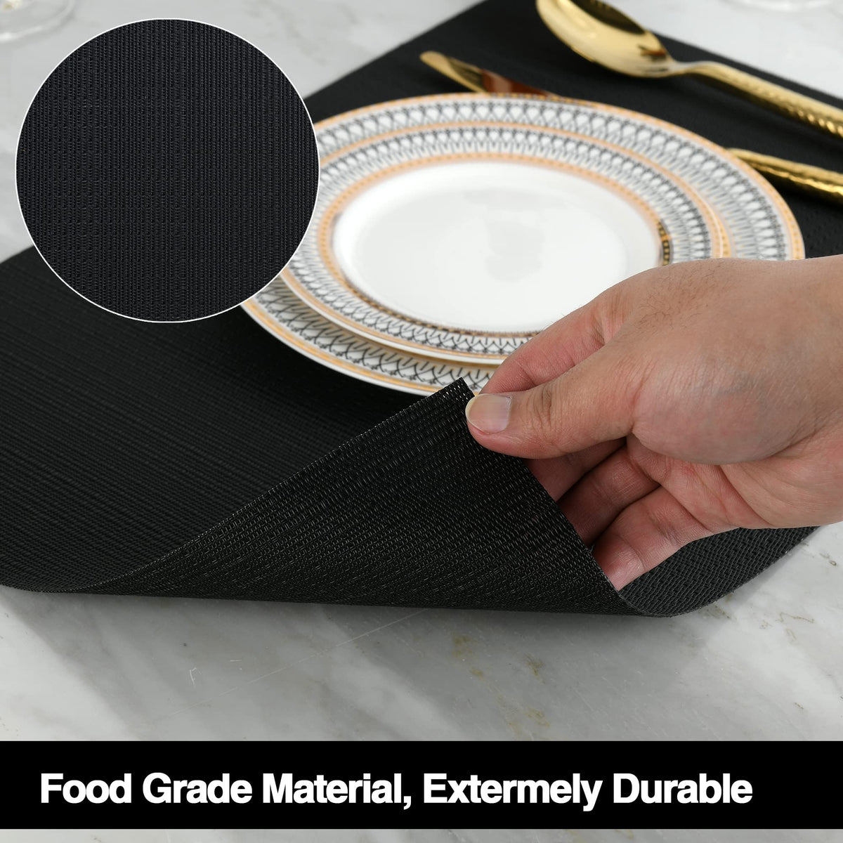 SLKQG black placemats waterproof, easy clean, ideal for sauces and spills.