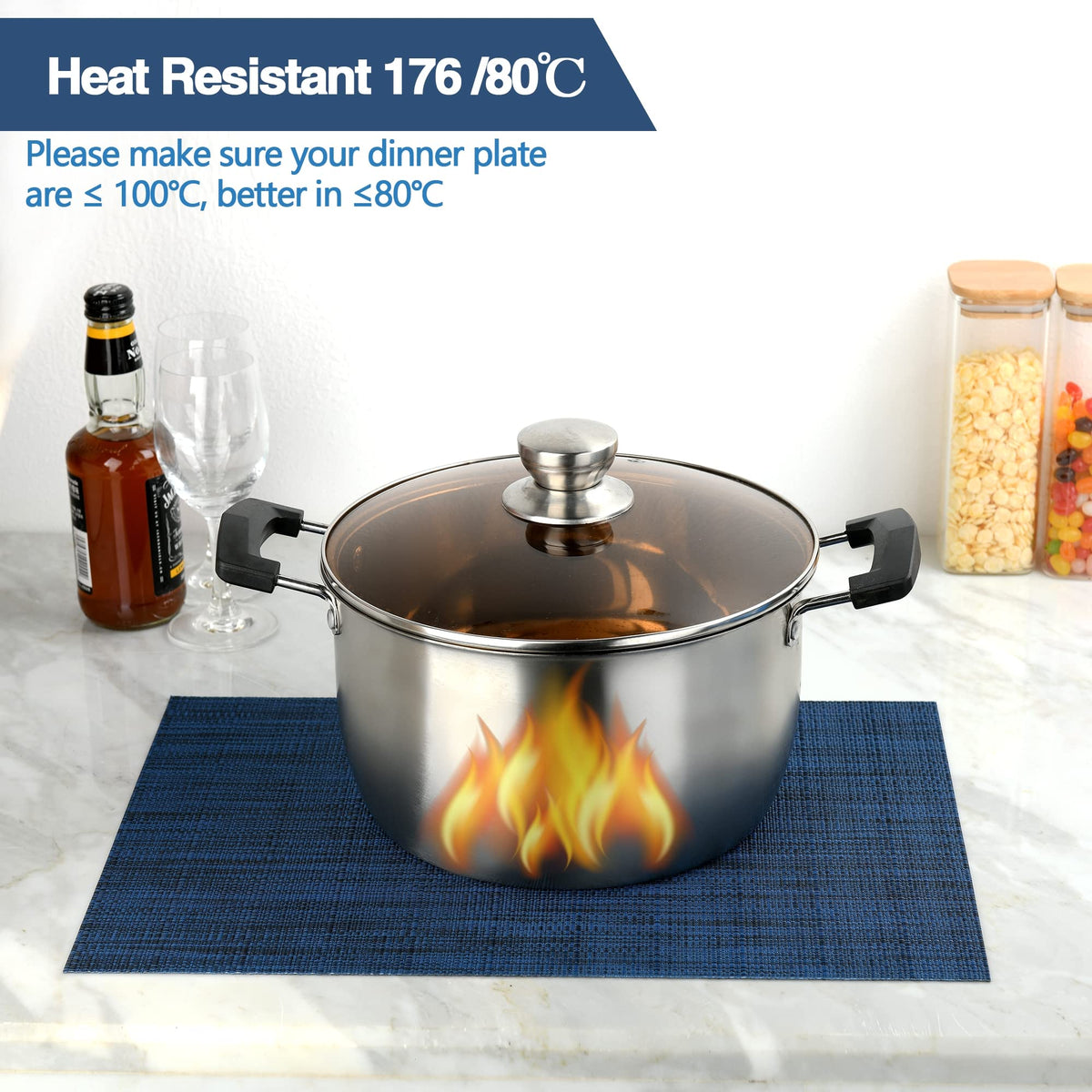 SLKQG navy blue placemats demonstrating heat-resistant vinyl for safer dining