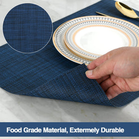 SLKQG navy blue placemats shown on a dining table to protect surfaces during meals