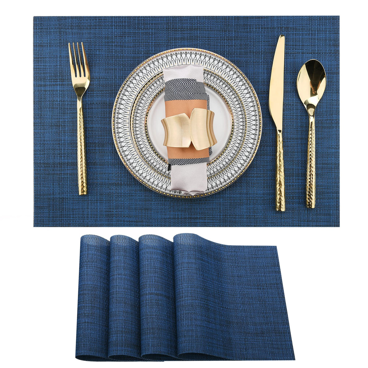 SLKQG navy blue placemats set of 4 on a dining table for easy cleanup