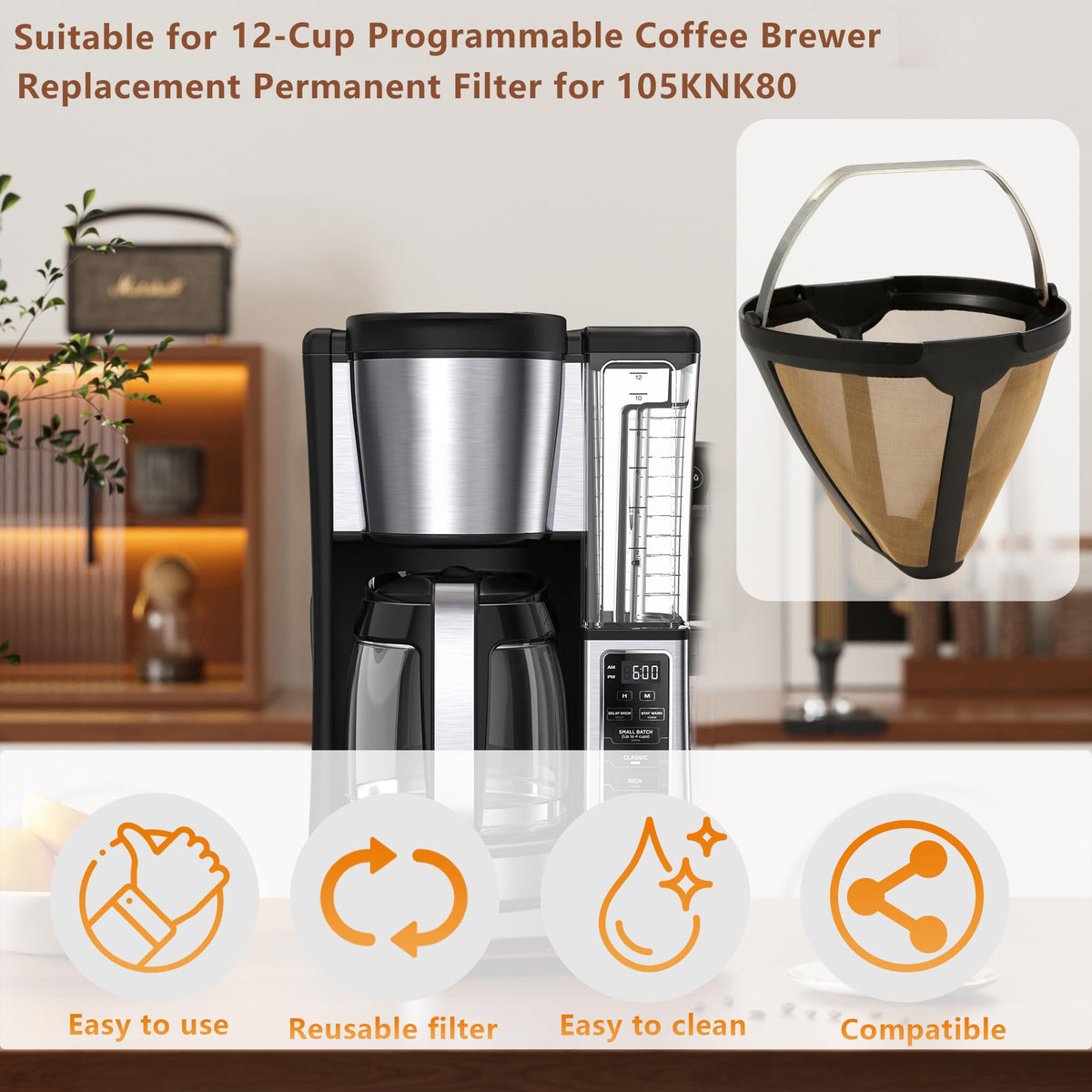 SLLFLY filter back view highlights compatibility with Ninja 12-Cup brewers.