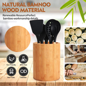 SLNIHAMS bamboo kitchen utensil storage for spatulas, spoons, and tongs within reach.