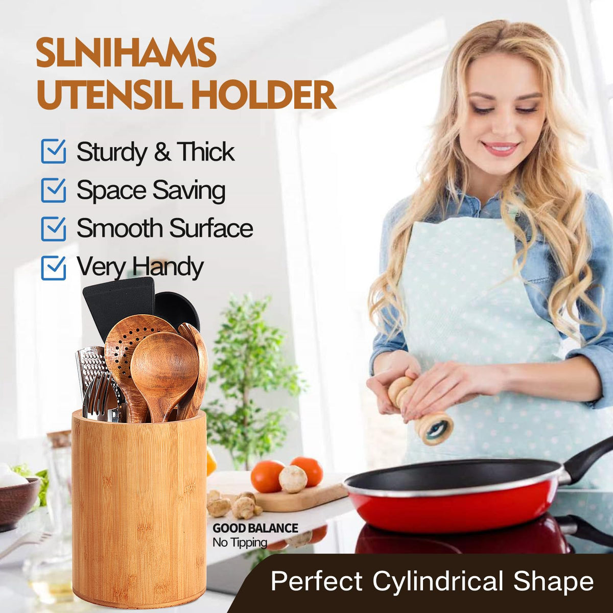 SLNIHAMS bamboo utensil holder in dark brown finish complements kitchen decor.