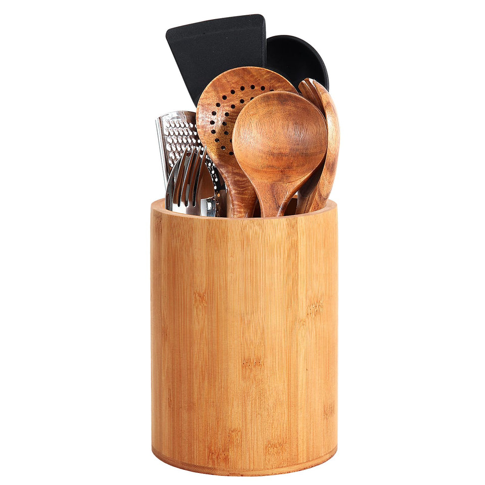 SLNIHAMS bamboo utensil holder round 6in stores kitchen tools neatly on the counter.