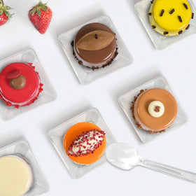Slomg food-grade plastic plates highlight safe snack serving.