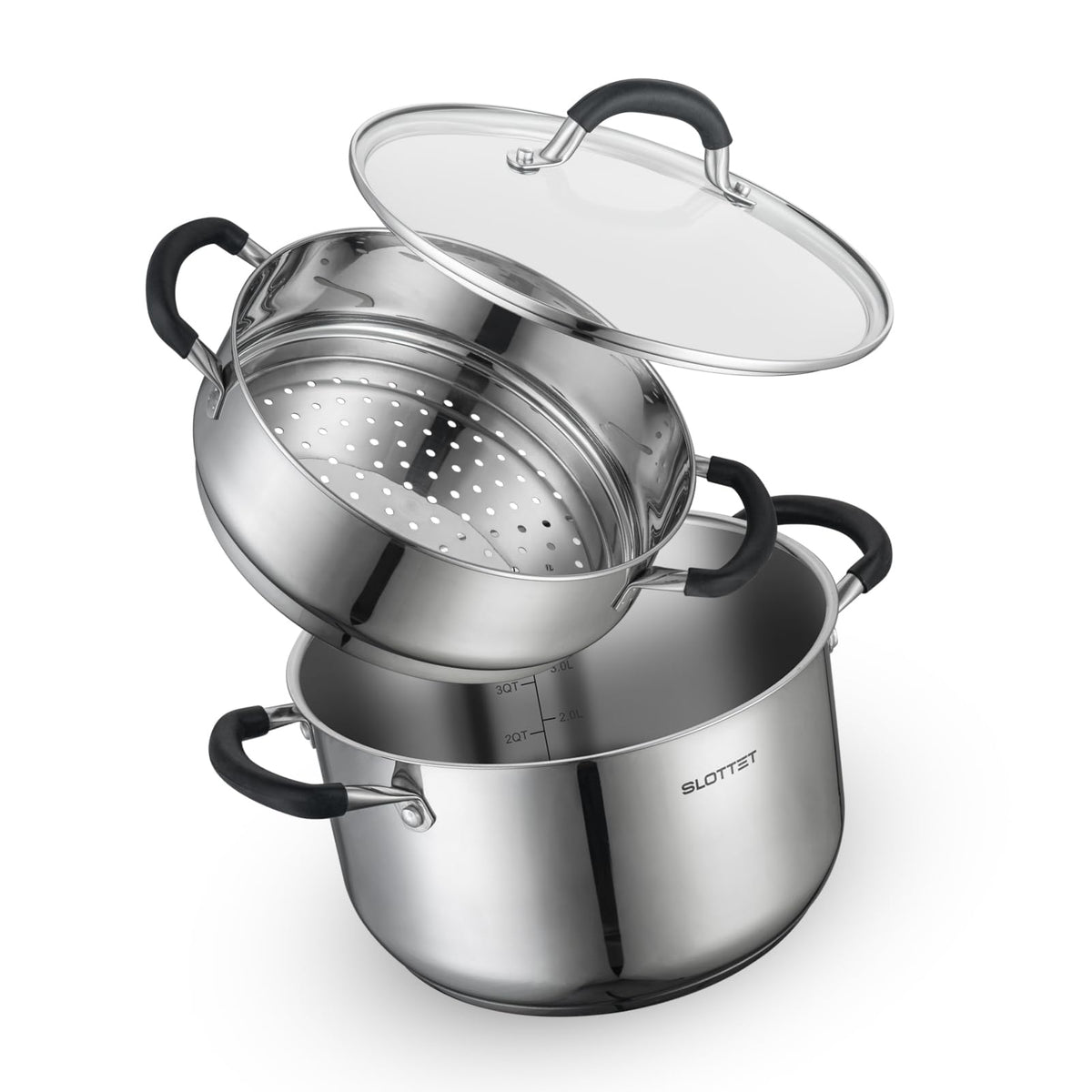 Slottet 6-quart stockpot with steamer and glass lid for easy steaming.