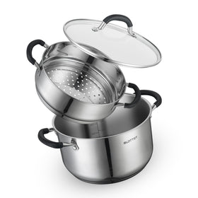 Slottet 6-quart stockpot with steamer and glass lid for easy steaming.