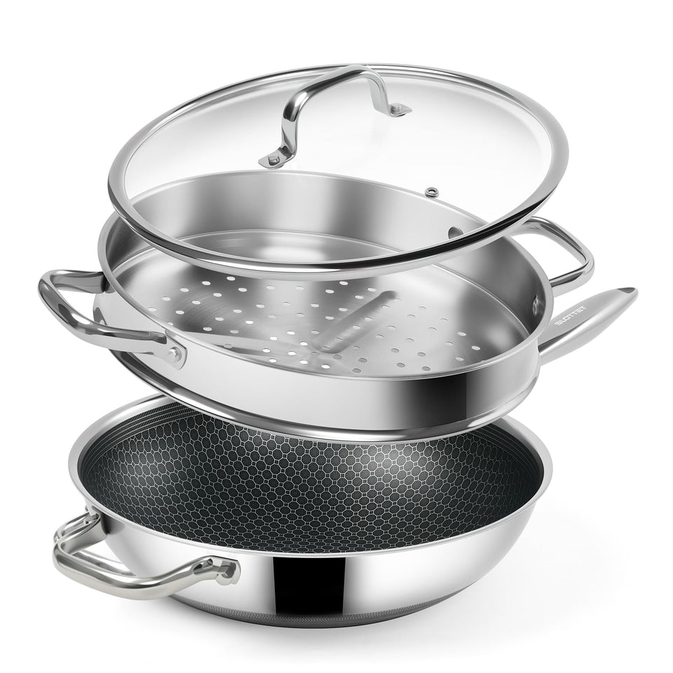SLOTTET hybrid 12-inch wok with steamer on stovetop for quick, even stir-fry.