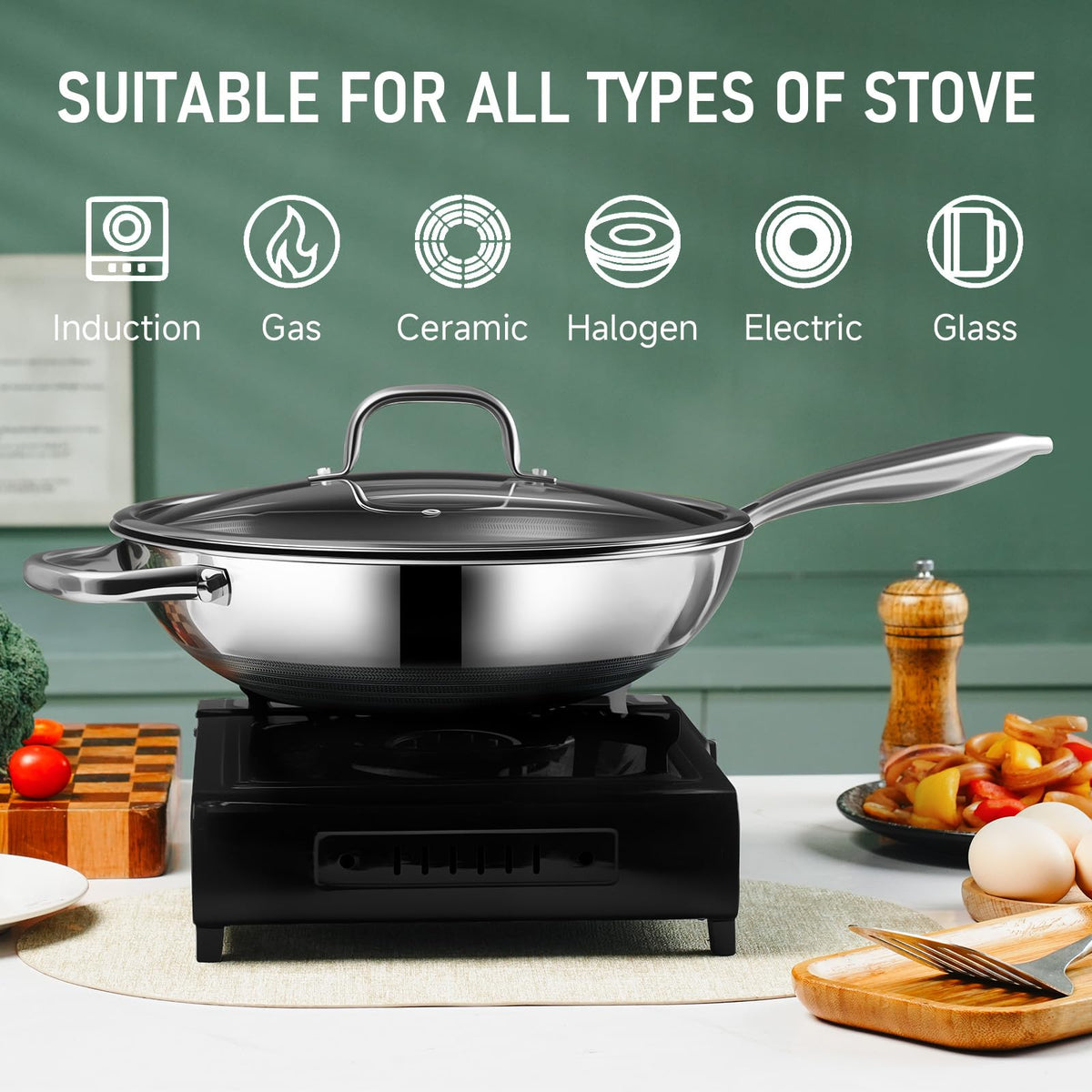 SLOTTET induction-compatible wok on a heated surface delivers efficient heat.