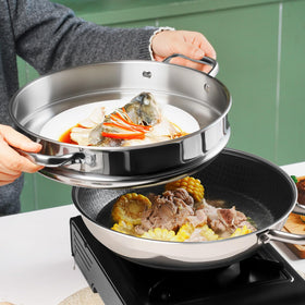 SLOTTET stainless steel handle close-up highlights stay-cool design.