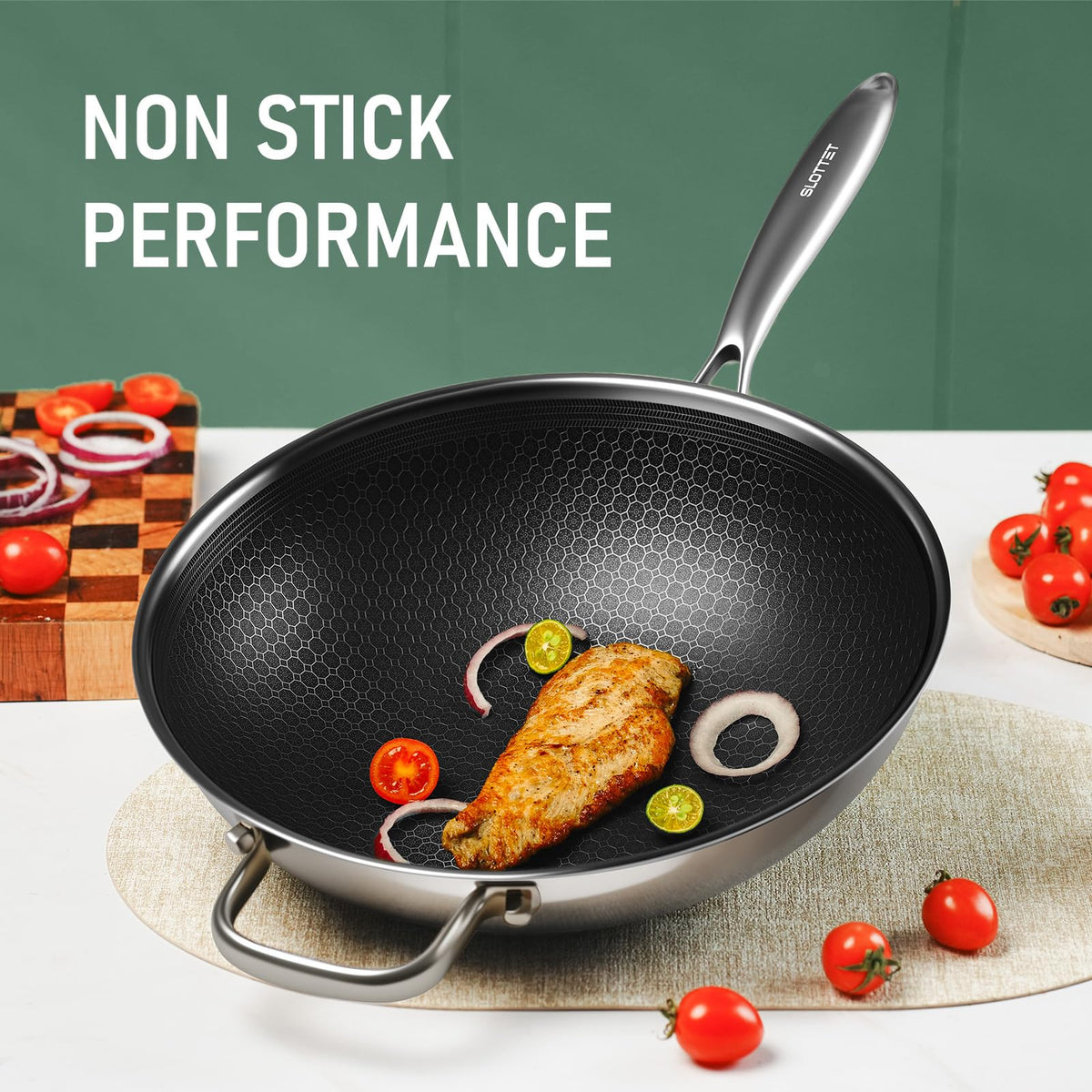 SLOTTET hybrid wok nonstick coating close-up shows durable, scratch-resistant surface.