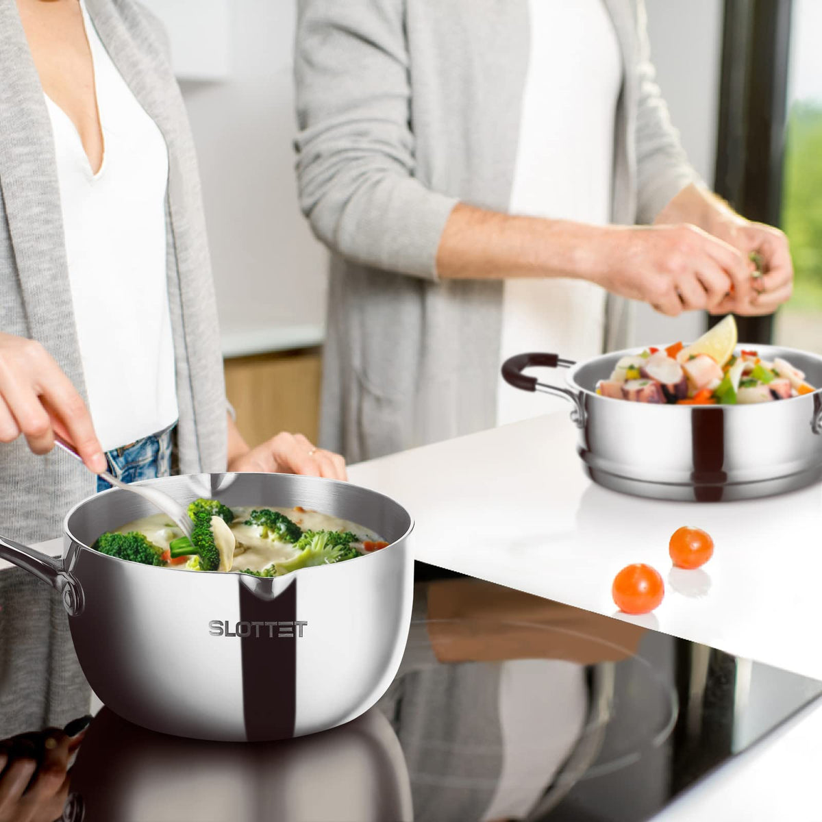 SLOTTET on cooktop demonstrates induction readiness and versatile cooking.