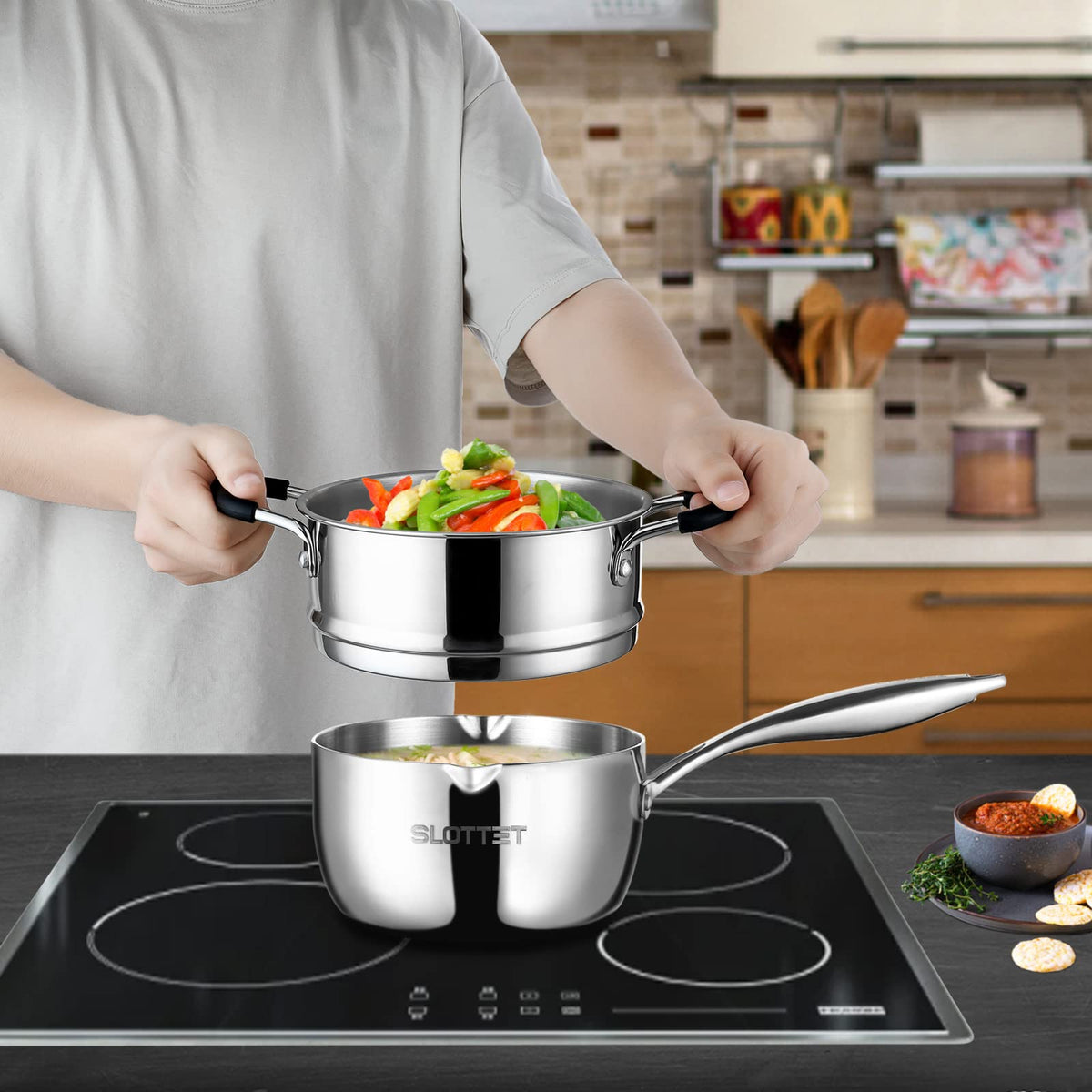 SLOTTET saucepan side handle stays cool for safe, comfortable cooking.