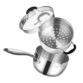 SLOTTET saucepan with steamer basket enabling quick vegetable steaming.