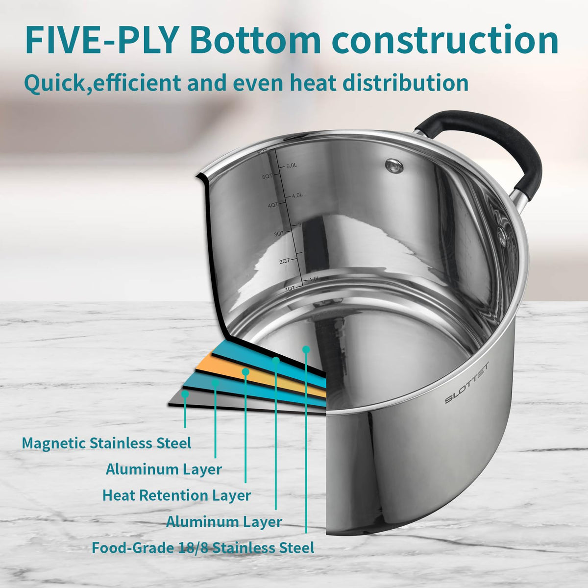 Slottet stockpot with stay-cool handle for comfortable grip.