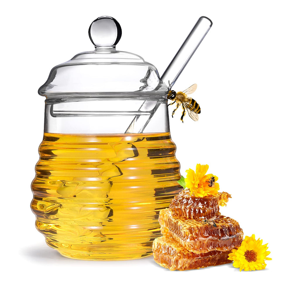 SlZKADY honey jar with dipper and lid on a wooden table for mess-free pouring