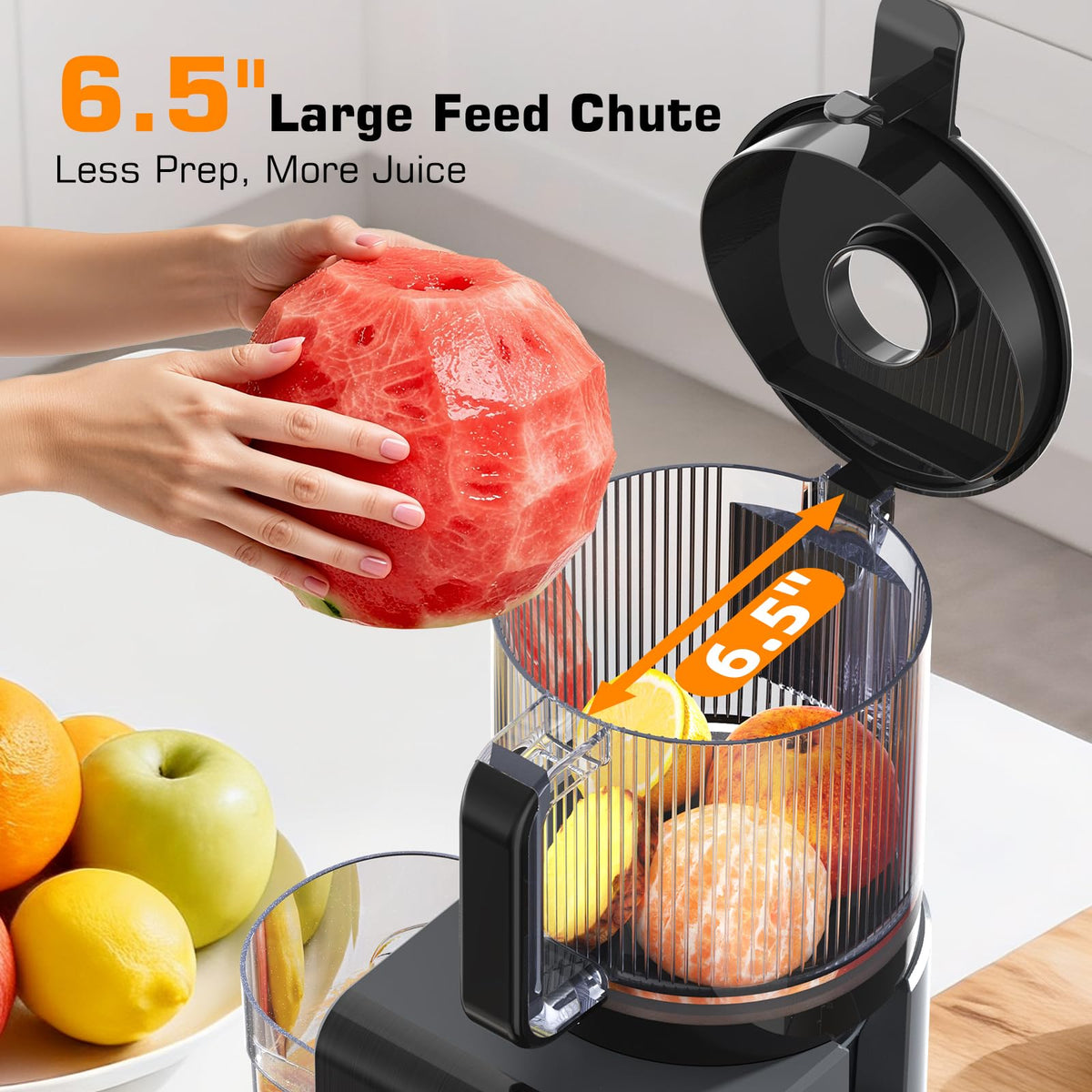 SmallHOO juicer with 100-ounce hopper for large batch juice.