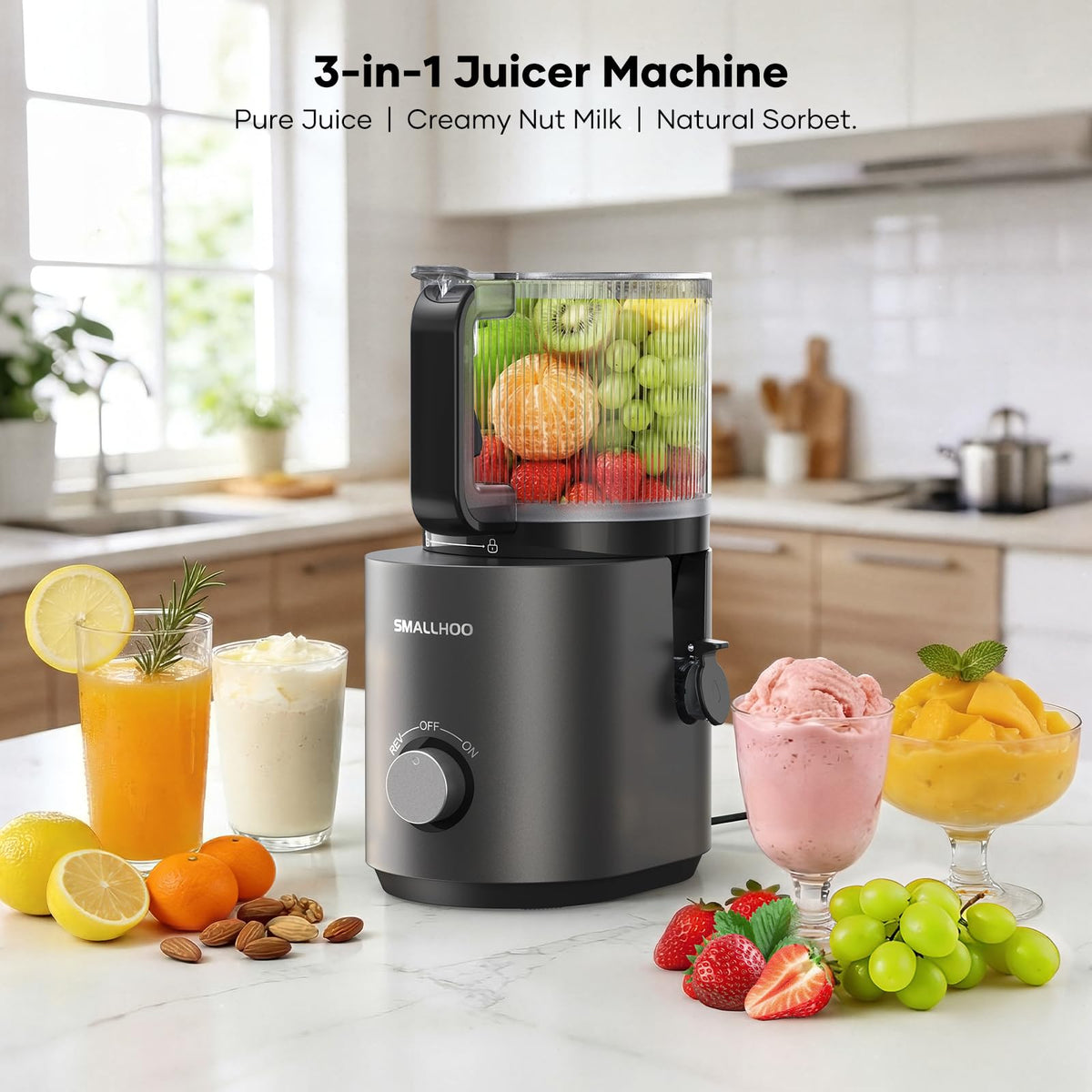 Smallhoo Sliver 3-in-1 juicer 7-inch chute ideal for whole fruits.
