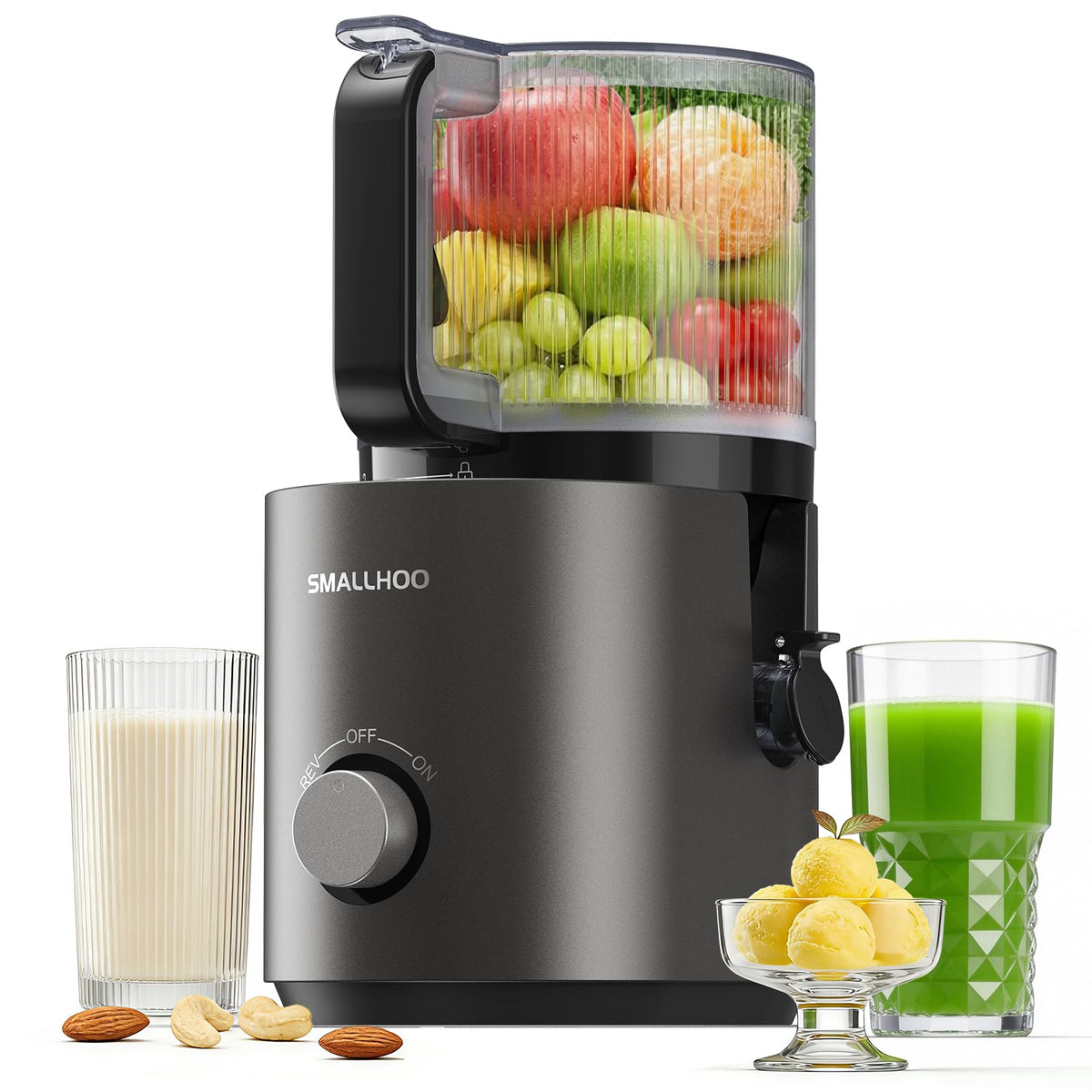 Smallhoo Sliver 3-in-1 juicer front view on kitchen counter for fresh juice.
