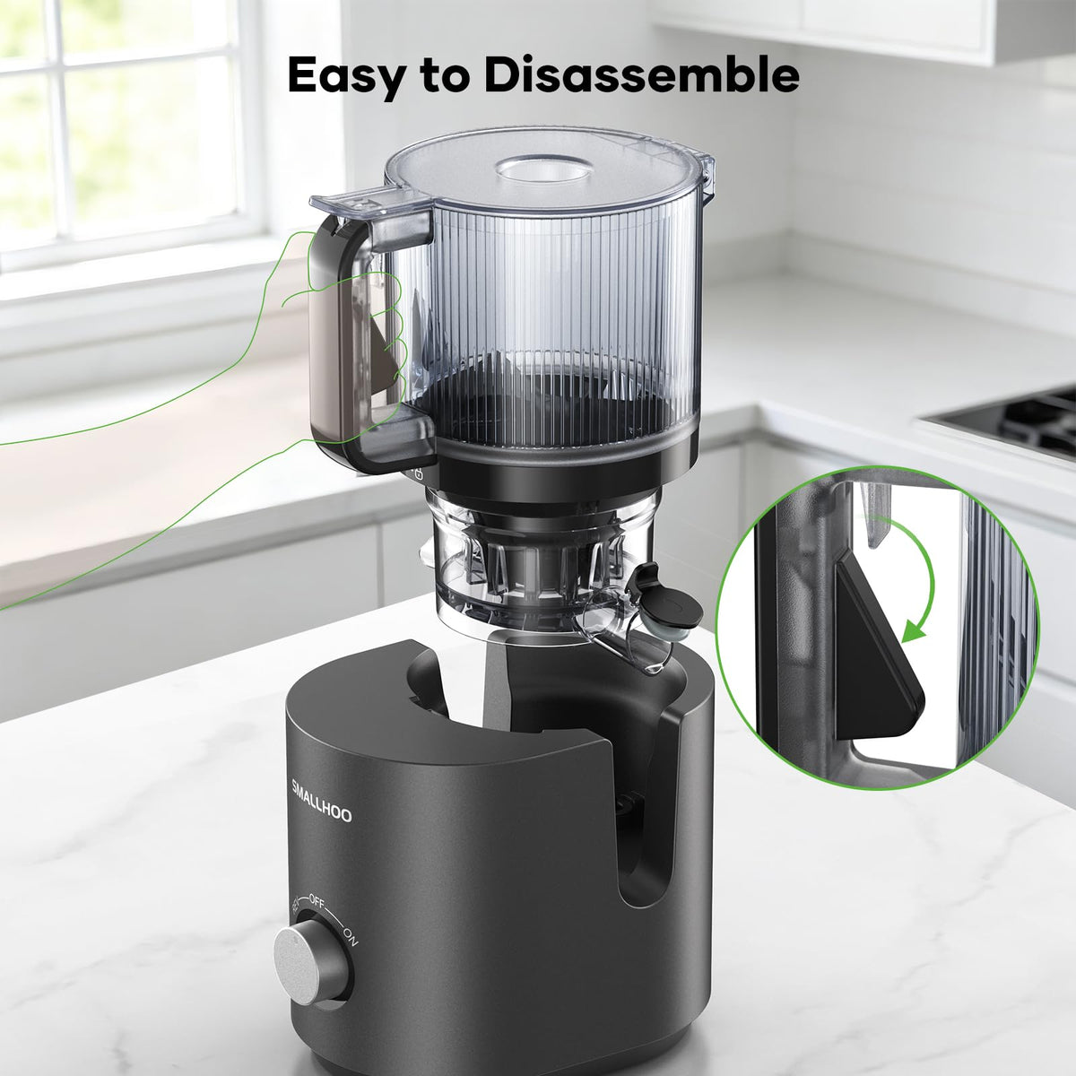 Smallhoo Sliver 3-in-1 juicer safety-lock lid-off feature.