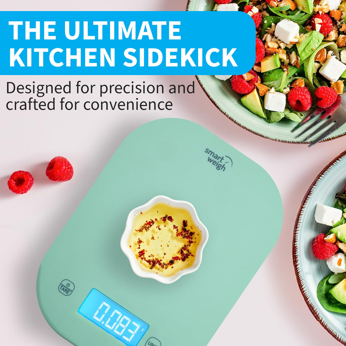 Smart Weigh mint green scale for baking with precise grams and ounces.