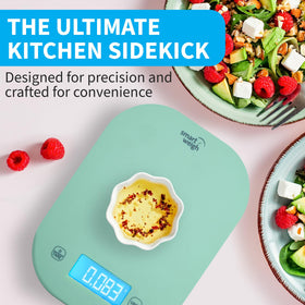 Smart Weigh mint green scale for baking with precise grams and ounces.