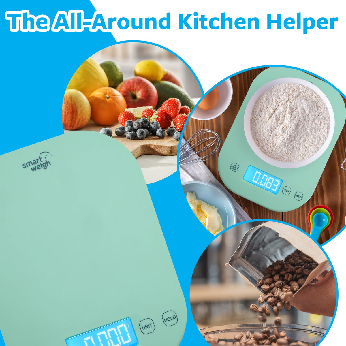 Smart Weigh mint green scale with 11-pound capacity visible on the display for large ingredients.
