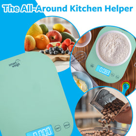 Smart Weigh mint green scale with 11-pound capacity visible on the display for large ingredients.